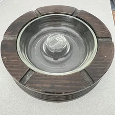 Vintage Mid Century Round Ashtray Wood Clear Glass Insert Two Piece