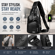 Men's Leather Sling Bag Crossbody Backpack USB Charging Chest Pack Travel Black