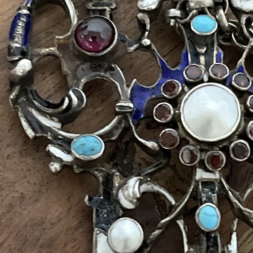 Stunning Antique AUSTRO HUNGARIAN Garnet Turquoise Silver Pendant Necklace 26” - Picture 11 of 17
