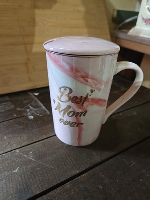 ''Best Mom Ever'' COFFEE MUG w/ Lid Pink Marble Gold Letters Mother's Day