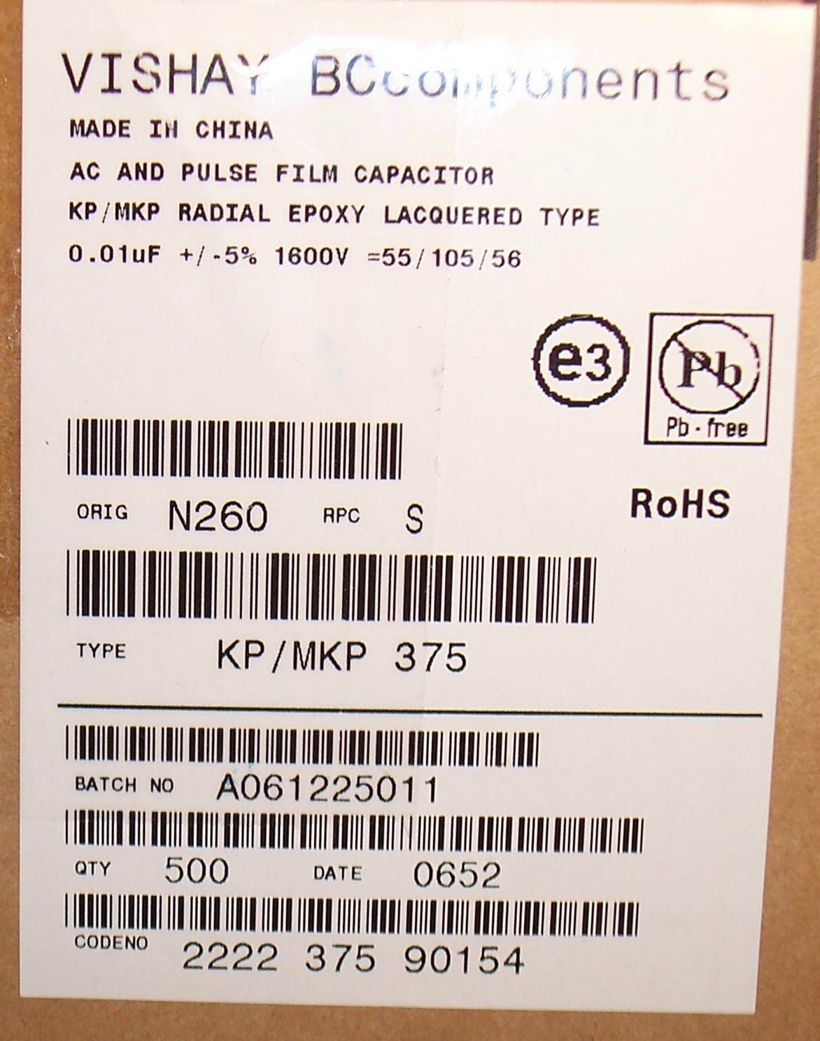 QTY (500) .01uf 1600V 5% METALLIZED POLYPROPYLENE 2222-375-90154 BC COMP ROHS