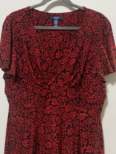 Chaps Women Xl Floral Red Black Dress Flare Flutter Short Sleeve - Picture 7 of 7