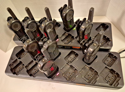 11 Motorola DLR 1020 Walkie Talkie 2 12-Slot Charger Port 16 Head Sets FOR PARTS