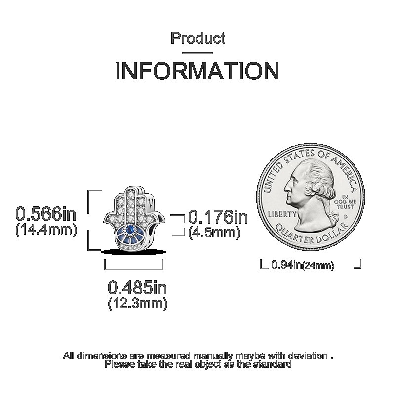 KUNSIR 925 Sterling Silver Charm For Bracelet Evil Eye in Hand Palm Bead Charm