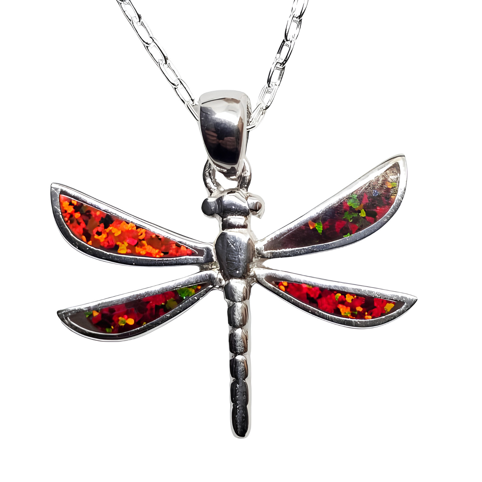 Fire Opal Dragonfly Pendant Necklace 925 Silver 20"" Cable Chain & Boxed Jewelry