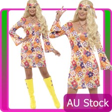 Ladies Flower Hippie 60s 70s Costume Go Go Retro Groovy Hippy Disco Fancy Dress