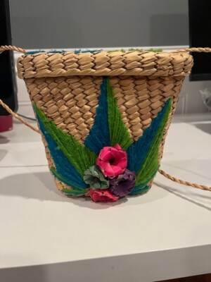 Vintage Mexico Straw Woven Crossbody Purse 3D Flowers 