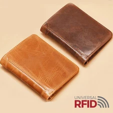 Men Slim Wallet Genuine Leather RFID Blocking Trifold Wallet with with ID Window
