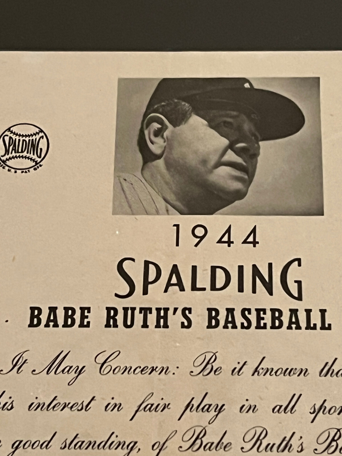 1944 Babe Ruth Spalding Baseball Club Membership Card 6" x 8 1/4
