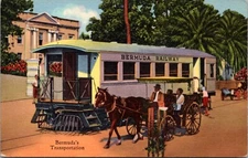Linen Postcard Bermuda's Transportation Street Car Trolley Horse Pulled Carriage