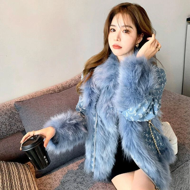Korea Women Faux Fox Fur Coat Warm Denim Jacket Outwear Winter