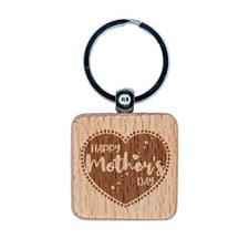 Happy Mother's Day Heart Engraved Wood Square Keychain Tag Charm