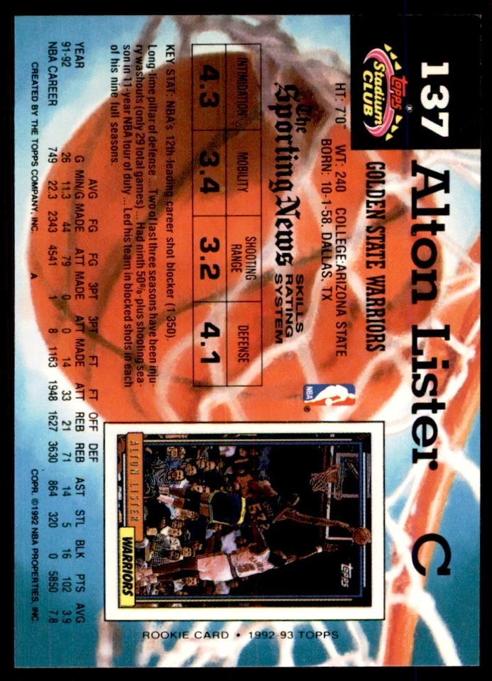 1992-93 Stadium Club Alton Lister Golden State Warriors #137 - Image 2 of 2
