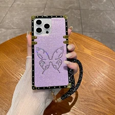 For Various Phone Hot Glitter Diamond Butterfly Case Hand Strap ShockProof Cover