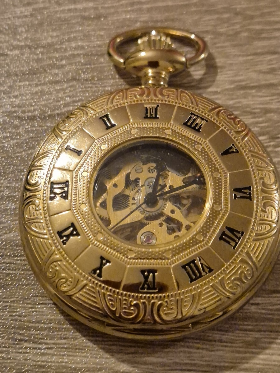 Vintage Rotary Gold Plated Half Hunter Skeleton Mechanical Pocket Watch