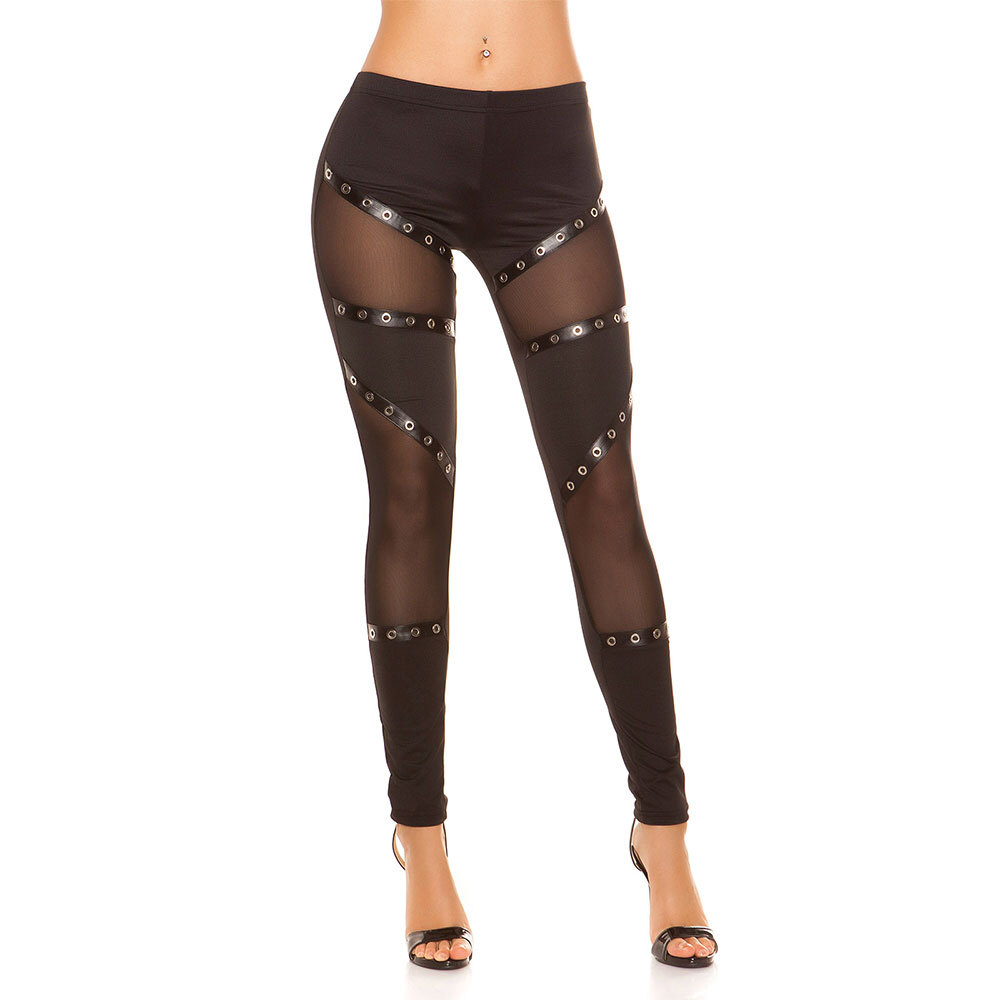 Leather Look Leggings with Straps Mesh Panels and Rivets Black by KouCla-image