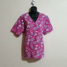 Carol's Scrubs Women's Uniform Mock Wrap Top Pink Hearts Size M 8-10 Valentine
