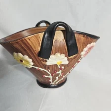 VTG Double Handled Hand Painted Raised flowers Italy Pottery Country Art Basket