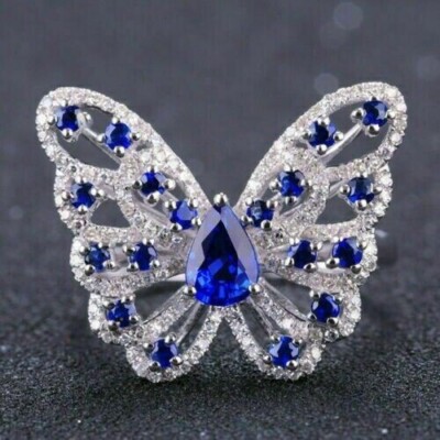 3.2Ct Pear Lab Created Blue Sapphire Butterfly Ring 14K White Gold Plated Silver