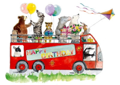 POSTKARTE / HAPPY BIRTHDAY / TIERE GESCHENKE BUS  / ANNA GISLE / POSTCARD / 1333