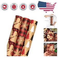 Kraft Christmas Gift Wrap - 17x120 inch Rolls with Reindeer and Snowflakes