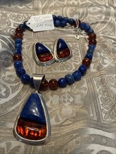 DTR Silver 925 Jay King Butterscotch Baltic Amber And Lapis Pendant And Earring