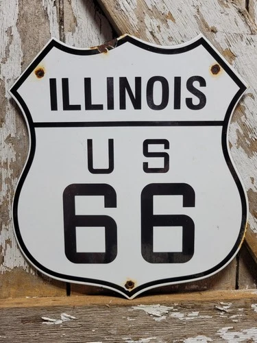 VINTAGE ROUTE 66 PORCELAIN SIGN US ILLINOIS HIGHWAY TRANSIT ROAD SHIELD MARKER
