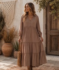 Elloh Tan Boho Tiered Pocketed Midi Dress
