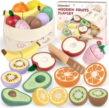 Wooden Play Food Sets for Kids Kitchen Cutting Fruit Toys Pretend Play Kitchen A