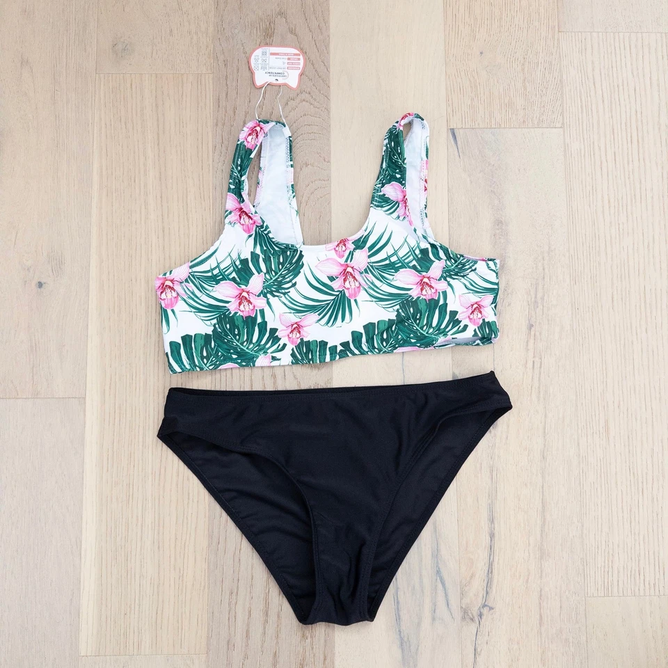 Girls Swimwear Set Size 14-16 Green Floral Print Bikini Coverup Tropical Resort - Image 2 of 4