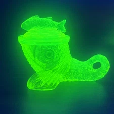 Summit Glass Pisello Dolphin Fish Whale Salt Cellar w_Lid 3.5" Canary Vaseline