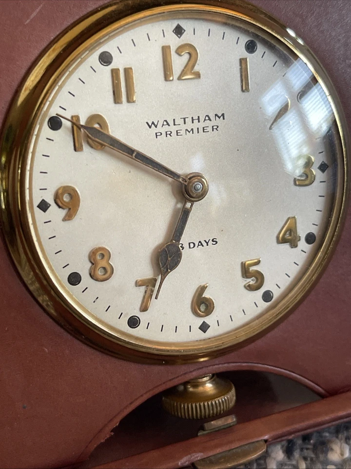 1920's WALTHAM PREMIER 8-Day Travel Traveling Desk Clock Leather Case Keeps Time - Image 2 of 4