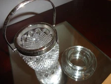 VINTAGE ANCHOR HOCKING WEXFORD SILVER TRIM DIAMOND BUCKET JAR WITH LID 4" TALL