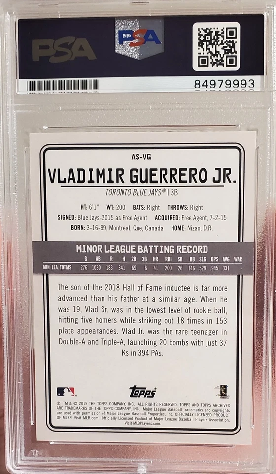 VLADIMIR GUERRERO JR. Signed Autograph Auto 2019 TOPPS SNAPSHOTS ROOKIE RC PSA - Image 2 of 2