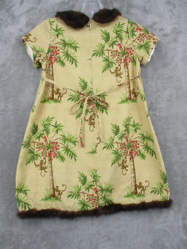 复古 Trish Scully 连衣裙 女孩 6 猴子 棕榈树 素食毛皮领 串珠 领带 — 第 2/4 张图片
