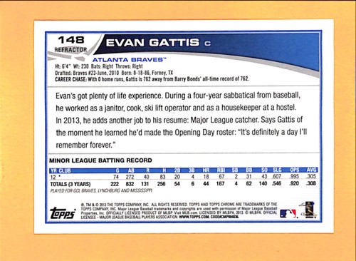 2013 Topps Chrome X-Fractors #148 Evan Gattis Atlanta Braves Rookie - Picture 2 of 2