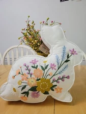 Bunny Shaped Embroidered Floral Decorative Pillow 14.5" Toss Sofa 
