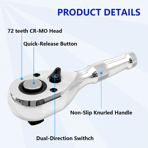 ZKTOOL Stubby Ratchet Set, 1/4", 3/8", 1/2" Drive Ratchet Handle Wrench 72-Tooth - Picture 5 of 6