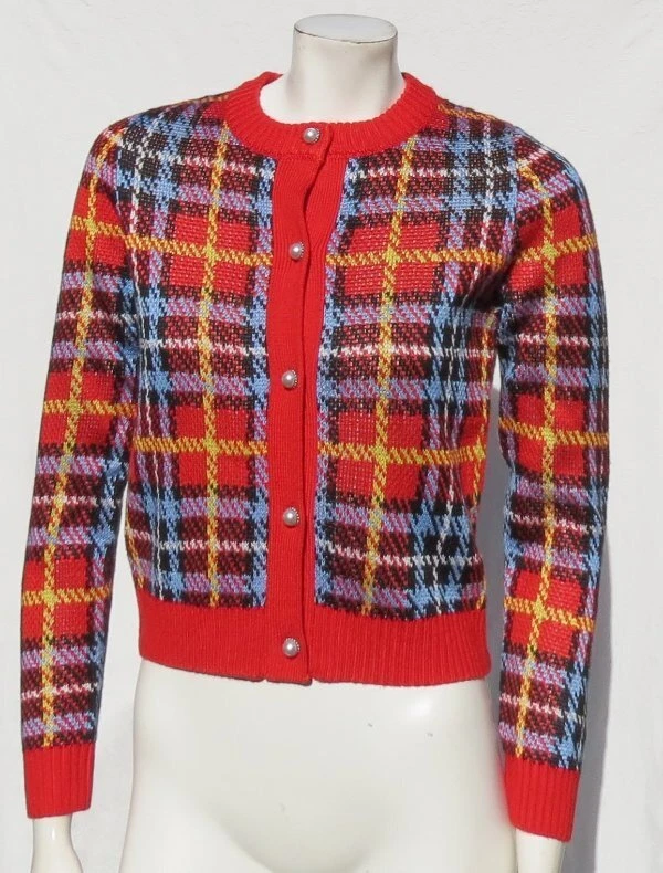 $1150 MIU MIU Prada Italia EE. UU. 36 S Rojo Tartán Cuadros Grueso Lana Cárdigan Suéter Foto 3 de 4