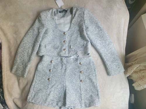 Zara Co-ord Set Textured Blazer & Shorts Ecru/blue Gray Sz L NWT - Picture 14 of 23