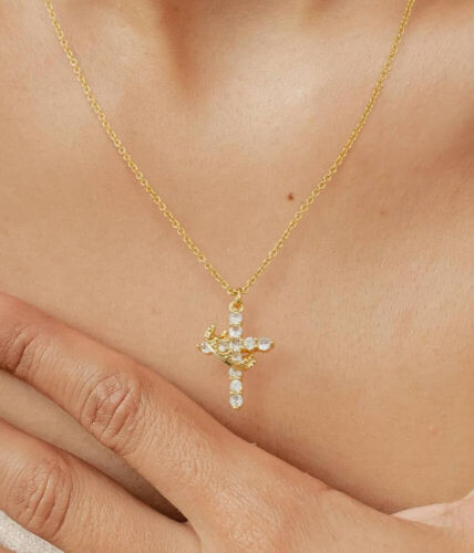 14k Gold Cross Necklace for Women,Cubic Zirconia Crown Cross Pendant Necklaces - Picture 5 of 18