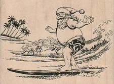 Surfing Santa 3 3/4 x 2 3/4" Rubber Stamp, Ocean, Nautical, Beach
