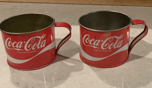 Vintage Tin Coca Cola Coffee Tea Mugs 2 pieces Camping mugs Red White