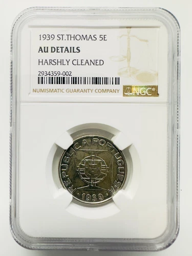 1939 Saint Thomas and Prince Island 5 Escudos AU DETAILS NGC Only 60,000 Minted