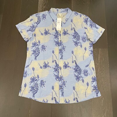 ROXY Top Womens Large Blue Floral Relaxed Button Short Sleeve Chambray Beach Mom