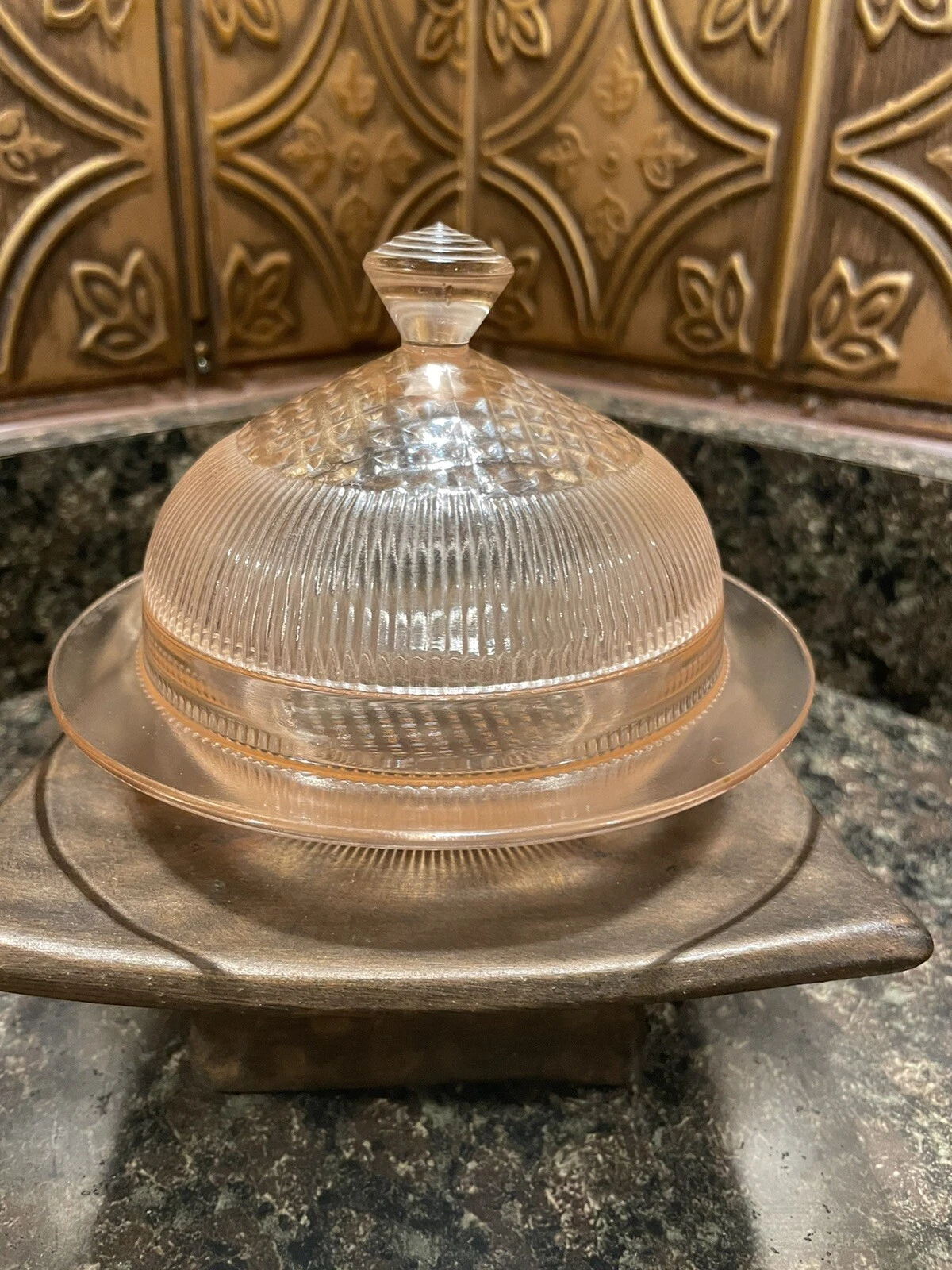 Vintage MCM Pink Depression Glass Covered Butter Dish Homespun w Rib Rare Find