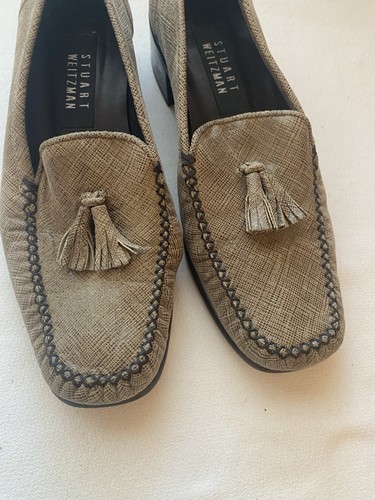 Stuart Weitzman Tan Patent Leather Loafers Heeled Tassel Work Womens Shoes 8 M - Picture 9 of 14