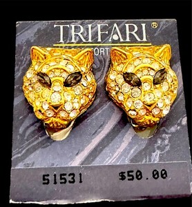 Authentic NWT 1991 TRIFARI TM GOLD PLATED CRYSTAL RHINESTONE TIGER STATEMENT CLIP EARRINGS
