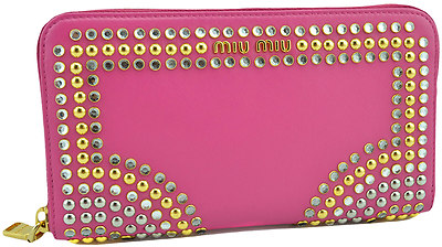 $650 MIU MIU Pink VITELO CRYSTAL Leather Gold Stud Clutch Wallet LIMITED EDITION