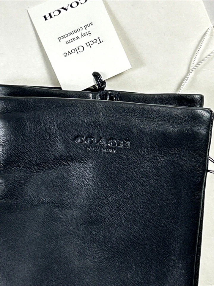 NOVO COACH Tamanho M Luvas Masculinas Couro Preto Em Relevo 100% Lã Forrada TECH $148 - Imagem 2 de 4